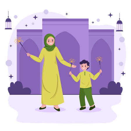Mother and boy playing firework celebrating ramadan Illustration