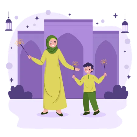 ラマダンを祝って花火をする母親と少年  イラスト