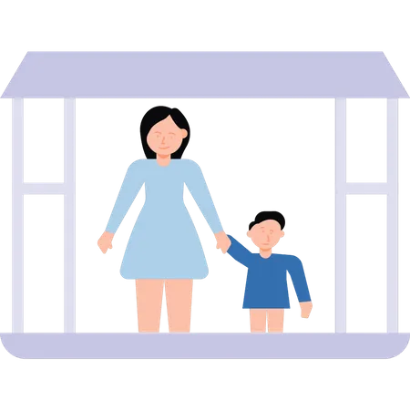 The Girl And Child Are Standing In The Window Illustration