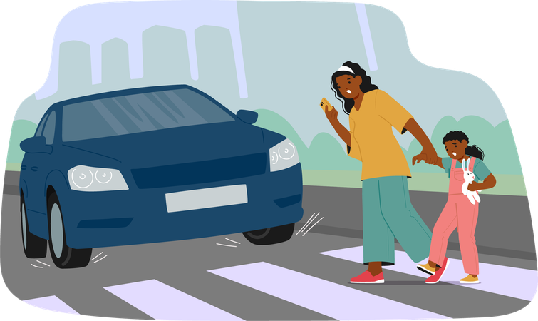 Mother And Child Crossing Street At Crosswalk While Car Approaches  Illustration