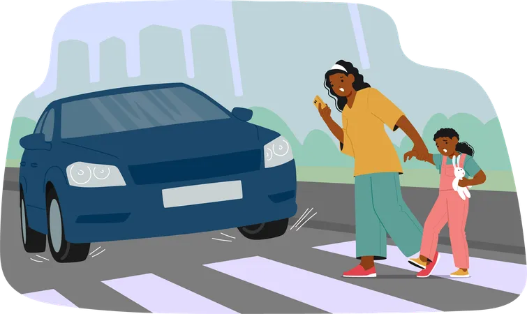 Mother And Child Crossing Street At Crosswalk While Car Approaches  Illustration