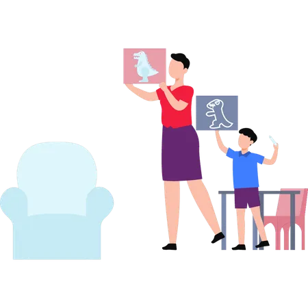 Mother And Child Drawing Together  Illustration