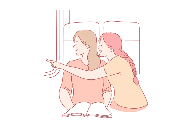 Travelling By Train Concept Mother And Child Enjoying Window View Tourists Having Happy Trip In Passenger Car Pleasant Railway Journey Cute Girlfriends Travelling Together Simple Flat Vector イラスト
