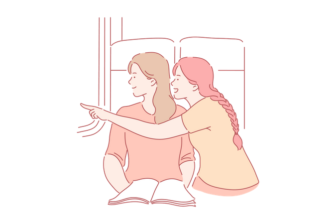 Mother and child enjoying window view  Illustration