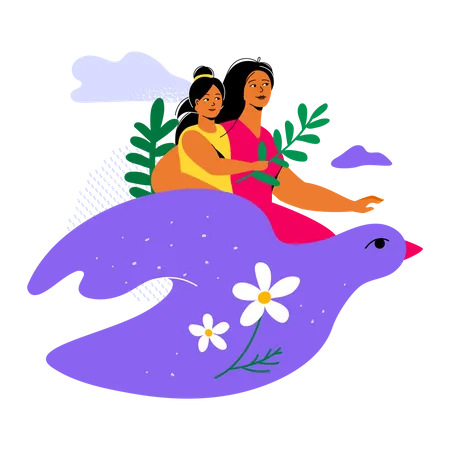 Peace And Motherhood Modern Colorful Flat Design Style Illustration On White Background Scene With Mother And Child Flying Astride A Large Dove Tranquility Family Values Care And Peace Idea Illustration