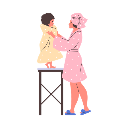Mother and child in towels after bath  Illustration