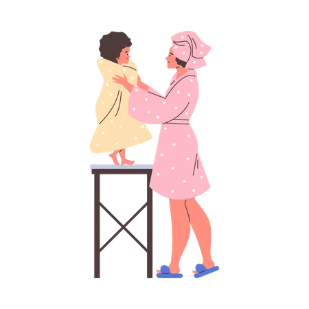 Mother and child in towels after bath  Illustration