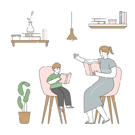 Mother and Child Learning Together  Illustration