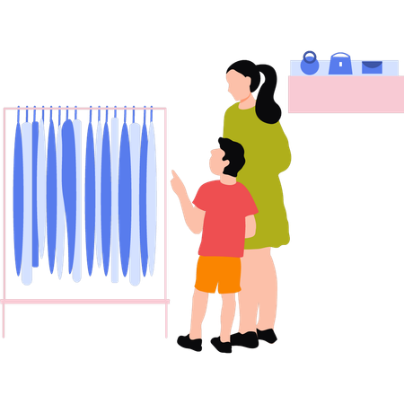 Mother and child looking at clothes in a shop  Illustration
