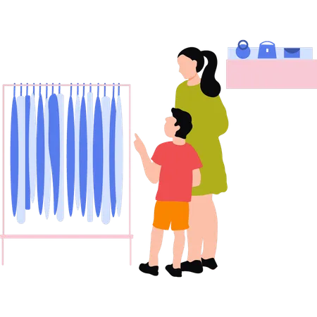 Mother and child looking at clothes in a shop  Illustration