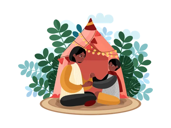 Mother and child playing near tent house  Illustration