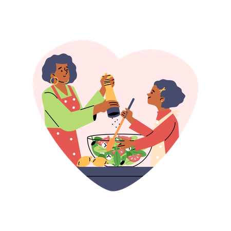 Mother and child prepare salad together in kitchen  Illustration