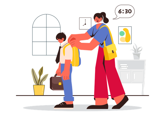 Mother and child rushing in morning hour  Illustration