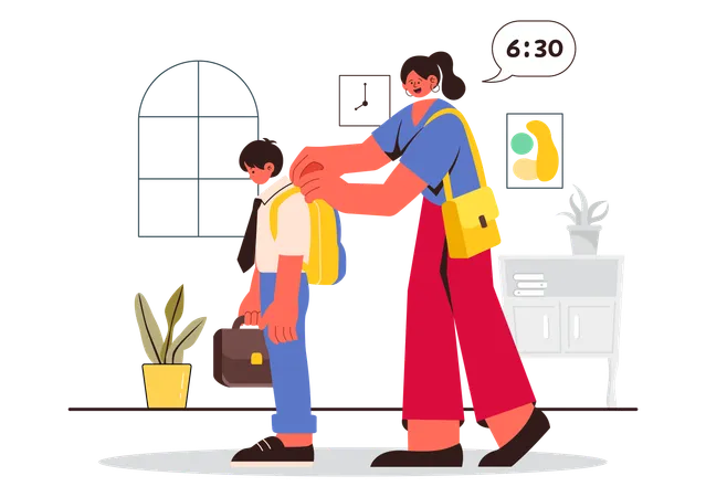 Mother and child rushing in morning hour  Illustration