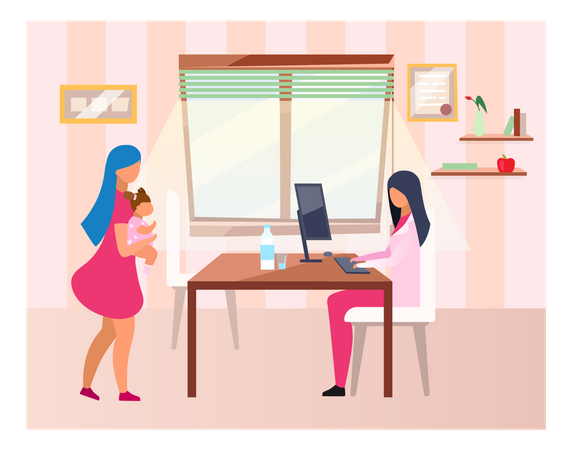 Mother and child visiting pediatrician  イラスト