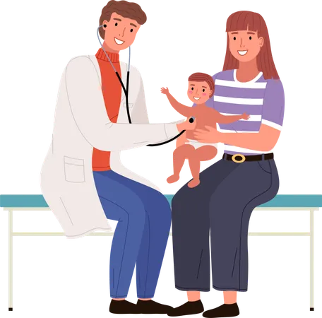 Mother And Child Visiting The Doctor Pediatrician With Stethoscope Listening To Patient S Heartbeat Cartoon Characters At The Reception Of The Therapist In Hospital Man Checks The Health Of Baby Illustration