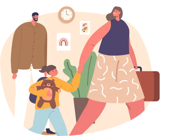 Mother And Child Characters Walk Away From A Man Their Departure Marking The End Of A Relationship Carrying With It A Heavy Sense Of Sadness And Finality Cartoon People Vector Illustration Illustration