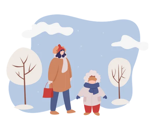 Mother and child walking in snow Illustration