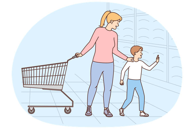 Mother and child with cart shopping in supermarket  Illustration