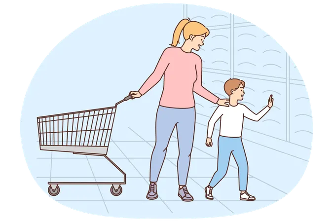 Mother and child with cart shopping in supermarket  Illustration