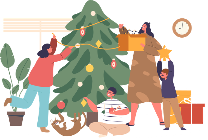 Mother And Children celebrate christmas tree  Illustration