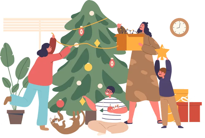 Joyful Mother And Children Gather Around Adorning Christmas Tree With Sparkling Ornaments And Twinkling Lights Creating A Festive Atmosphere Filled With Warmth And Holiday Cheer Vector Illustration Illustration