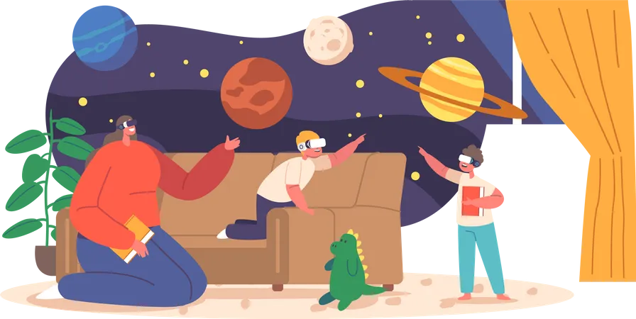 Mother And Children Wearing Vr Headsets Study Space And Solar System Planets In Home Setting Using Artificial Technology In Learning And Educational Process Cartoon People Vector Illustration Illustration
