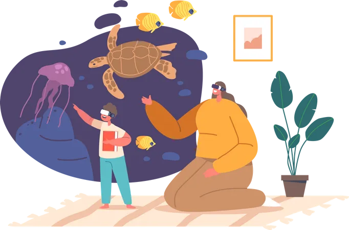 Mother And Children Wearing Vr Headsets Study Nature And Underwater Animals In Home Setting Curious Family Characters Immersed In Educational Learning Experience Cartoon People Vector Illustration イラスト