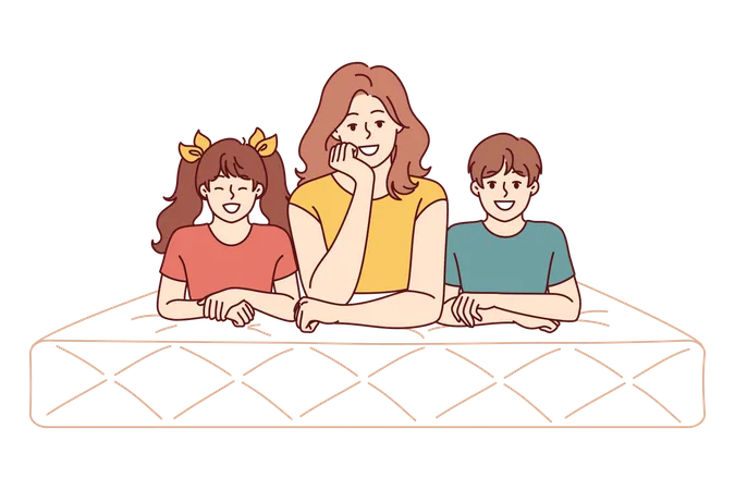 Mother and children lie on mattress recommending use of comfortable furniture for bedroom  イラスト