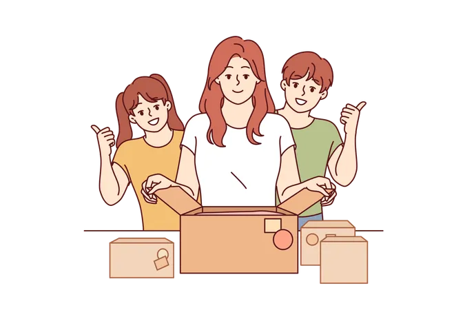 Mother And Children Prepare Donation Boxes Wanting To Be Useful To Society And Volunteer Happy Family Calls For Donation To Charitable Foundations That Need Help From Caring People Illustration