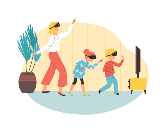Mother and children wear VR glasses and play video games  Illustration