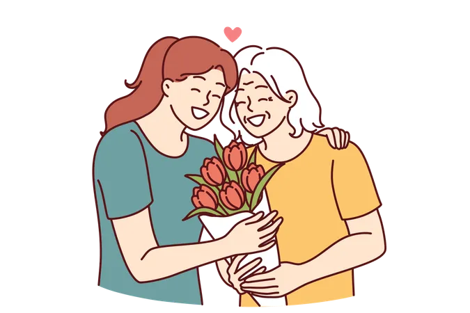 Woman Hugs Elderly Mother And Gives Bouquet Of Flowers Congratulating With Birthday Or Mother Day And Thanks For Good Upbringing Grown Up Daughter Takes Care Of Mother Of Retirement Age Illustration