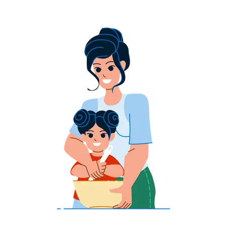 Mother Daughter Cooking Vector Kitchen Happy Family Woman Kid Daughter Cooking Child Cook Cake Mother Daughter Cooking Character People Flat Cartoon Illustration Illustration