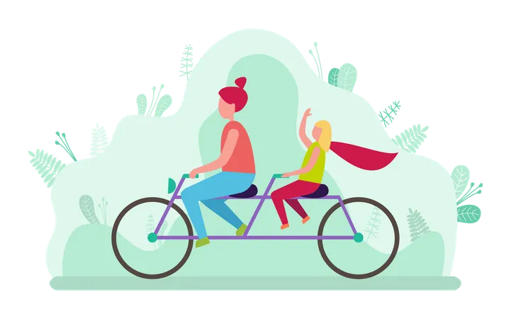 Mother and daughter are cycling together  Illustration