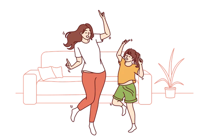 Active Family Of Dancing Young Mother And Daughter Enjoying Movement To Music Dance Of Teenage Girl Elementary School Student And Mother Or Older Sister Dancing Together Spending Free Time Illustration