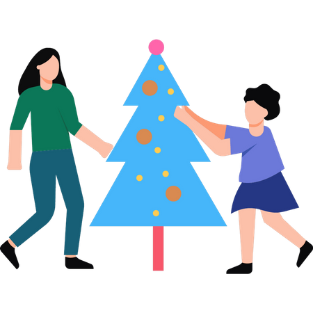 Mother and daughter are decorating the Christmas tree  Illustration