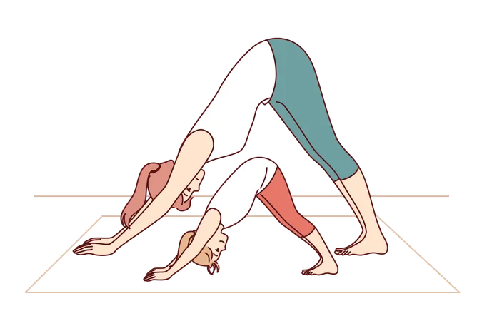 Mother And Daughter Are Engaged In Yoga And Exercises Leading Healthy Lifestyle And Learning Good Habits That Improve Well Being Woman With Little Girl Doing Yoga Pose Adho Mukha Svanasana Together Illustration