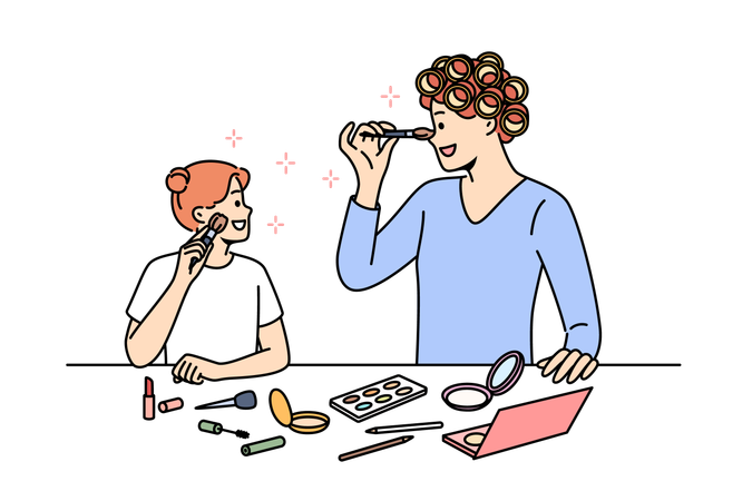 Mother and daughter are doing makeup together  Illustration