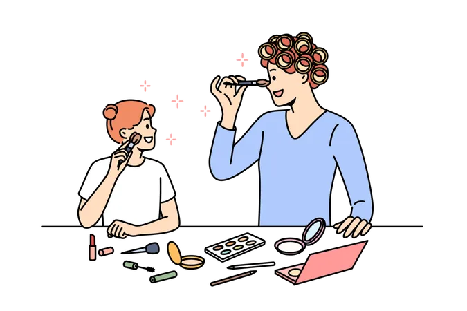 Mother and daughter are doing makeup together  Illustration