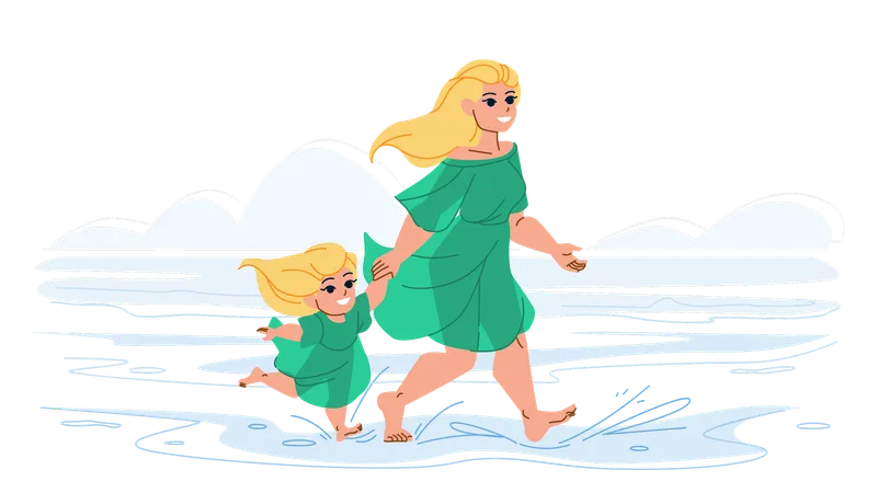 Mother and daughter are enjoying at beach  Illustration