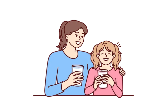 Mom And Daughter Drink Natural Milk To Get Useful Vitamins And Lactose Or Calcium From Eco Product Woman Hugging Smiling Teenage Girl Drinking Milk To Promote Healthy Food Without Chemicals Illustration