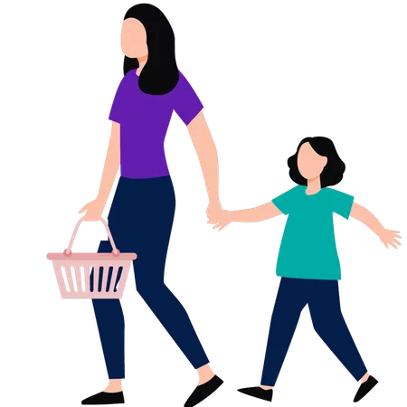 Mother And Daughter Are Going For Shopping Illustration