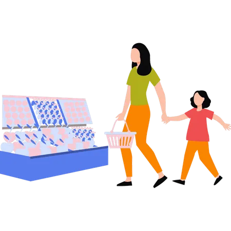 Mother And Daughter Are In The Supermarket Illustration