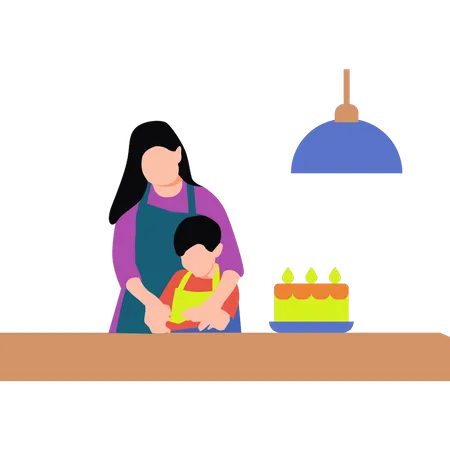 Mother and daughter are making a cake  イラスト