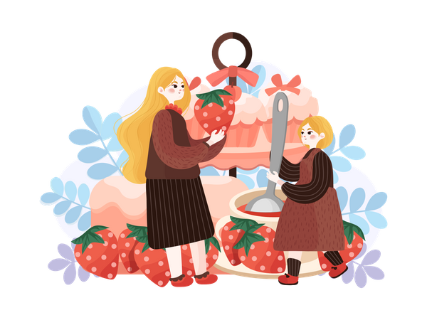 Mother and daughter are making food together Illustration