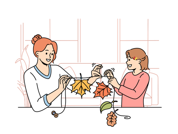 Mother and daughter are making leaf garland  Illustration