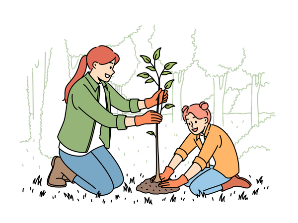 Mother and daughter are planting plants together  Illustration