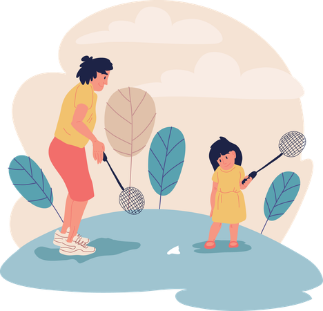 Mother and daughter are playing badminton  Illustration