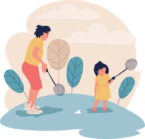 Mother and daughter are playing badminton  Illustration