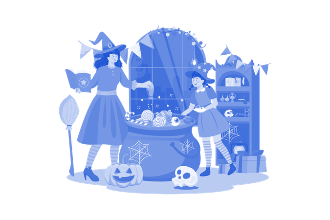 Mother And Daughter Are Preparing Food For The Halloween Party  Illustration